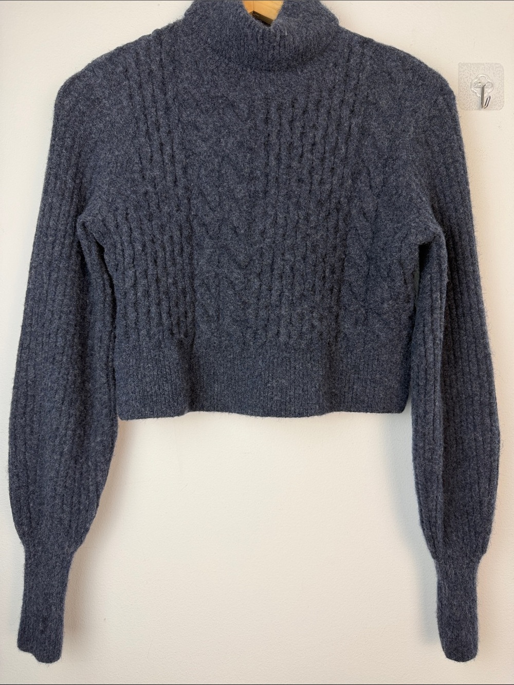 All Saints Claude Cropped Sweater Chunky Cable Knit Mock Neck Wool Blend SM Blue - Picture 9 of 16